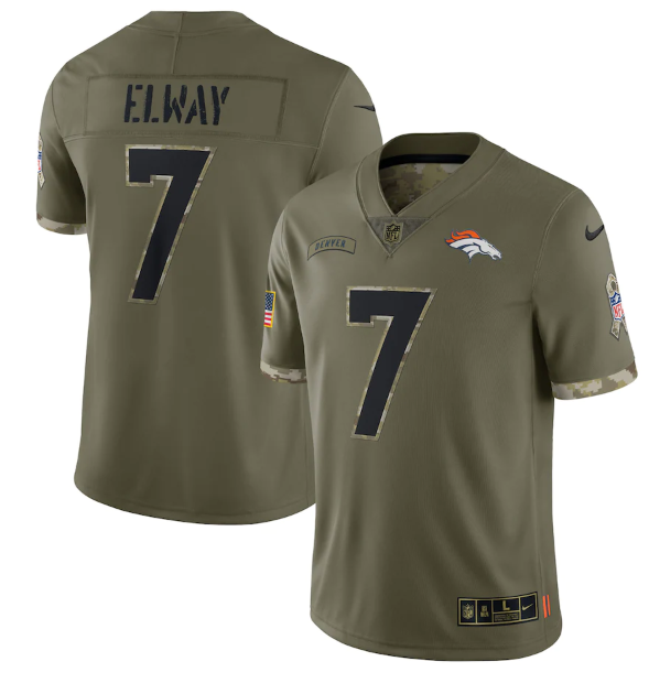 Men's Denver Broncos #7 John Elway Olive 2022 Salute To Service Limited Stitched Jersey